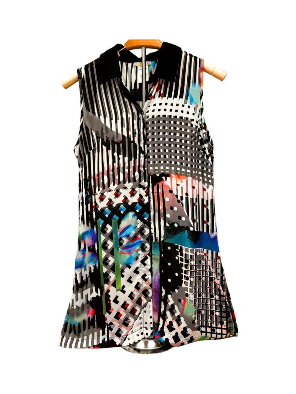 Dolcezza Colorful Abstract Lightweight Sleeveless Summer Dress Button Down Airy